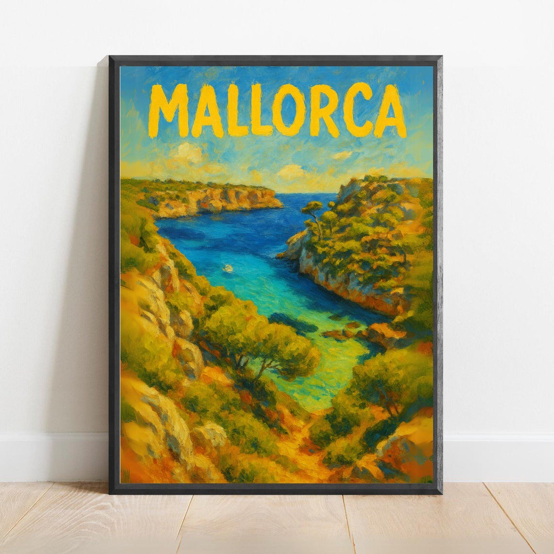 Mallorca Vintage Travel Poster With Turquoise Rocky Cove And Cliffs