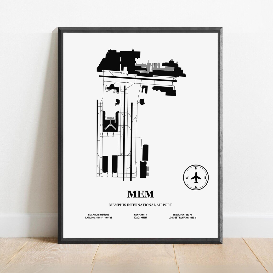 MEM Memphis International Airport Runway Map Minimalist Aviation Poster