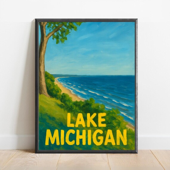 Lake Michigan Beach Shoreline Watercolor Travel Poster Great Lakes Peaceful Scene