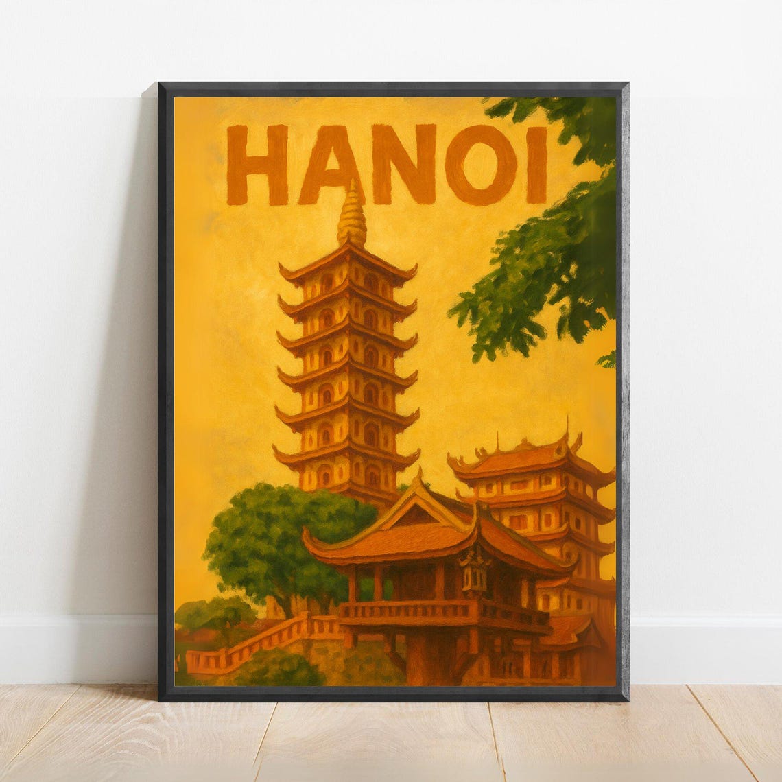 Hanoi Pagoda Travel Poster With Golden Temple Architecture Artwork