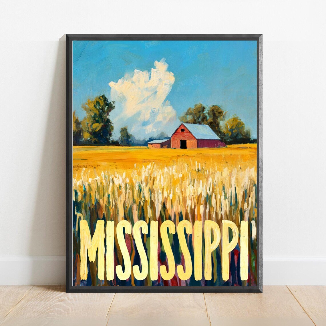 Mississippi Golden Wheat Field Red Barn Vintage Travel Poster