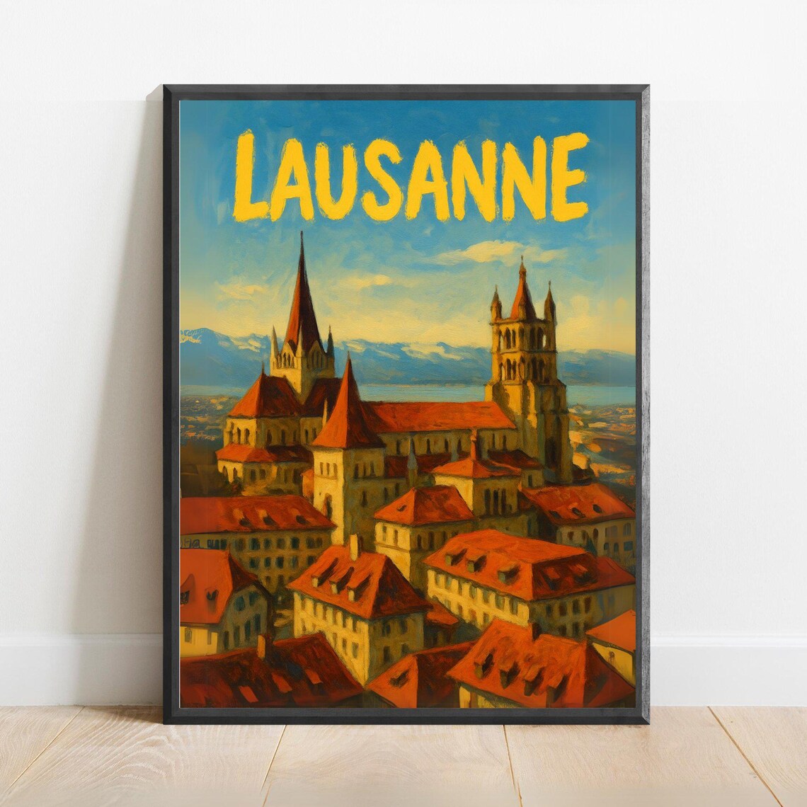 Lausanne Cathedral Red Roofs Above Lake Geneva Alps Switzerland Poster