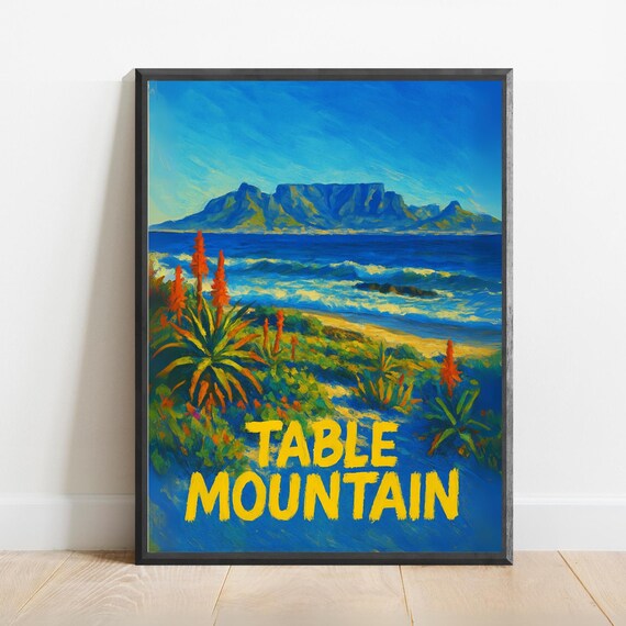 Table Mountain Cape Town Ocean Coast with Red Aloes Travel Poster