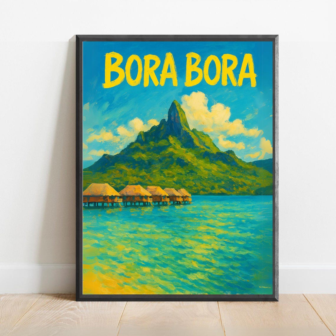 Bora Bora Vintage Travel Poster With Overwater Bungalows And Lagoon