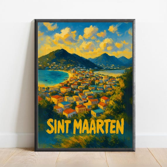 Sint Maarten Poster Caribbean Coastal Wall Art Print Colorful Island Town Decor Beach Travel For Tropical Gallery Walls