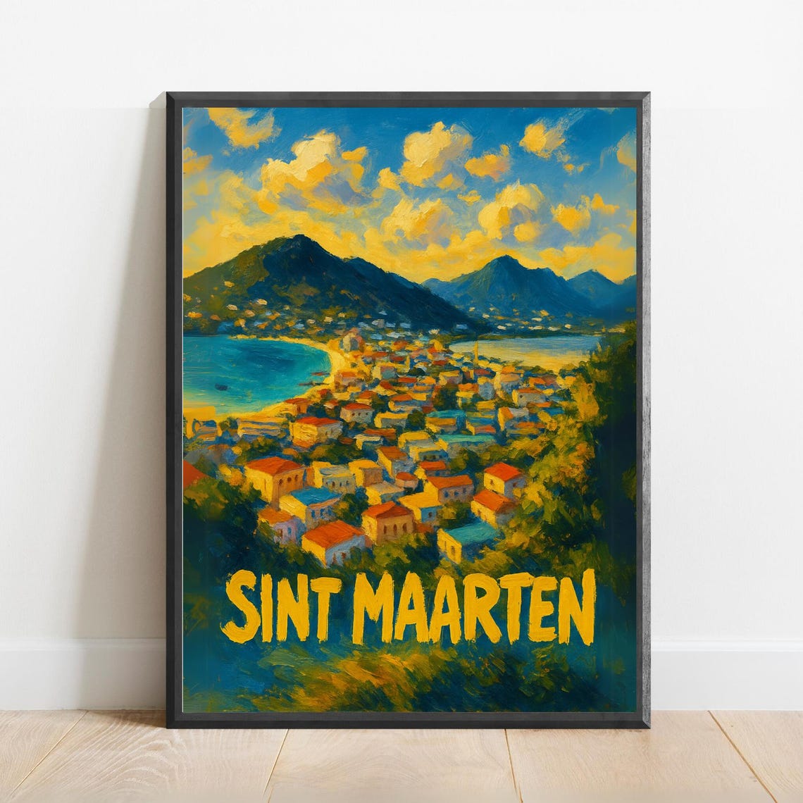 Sint Maarten Caribbean Golden Bay And Mountains Travel Poster