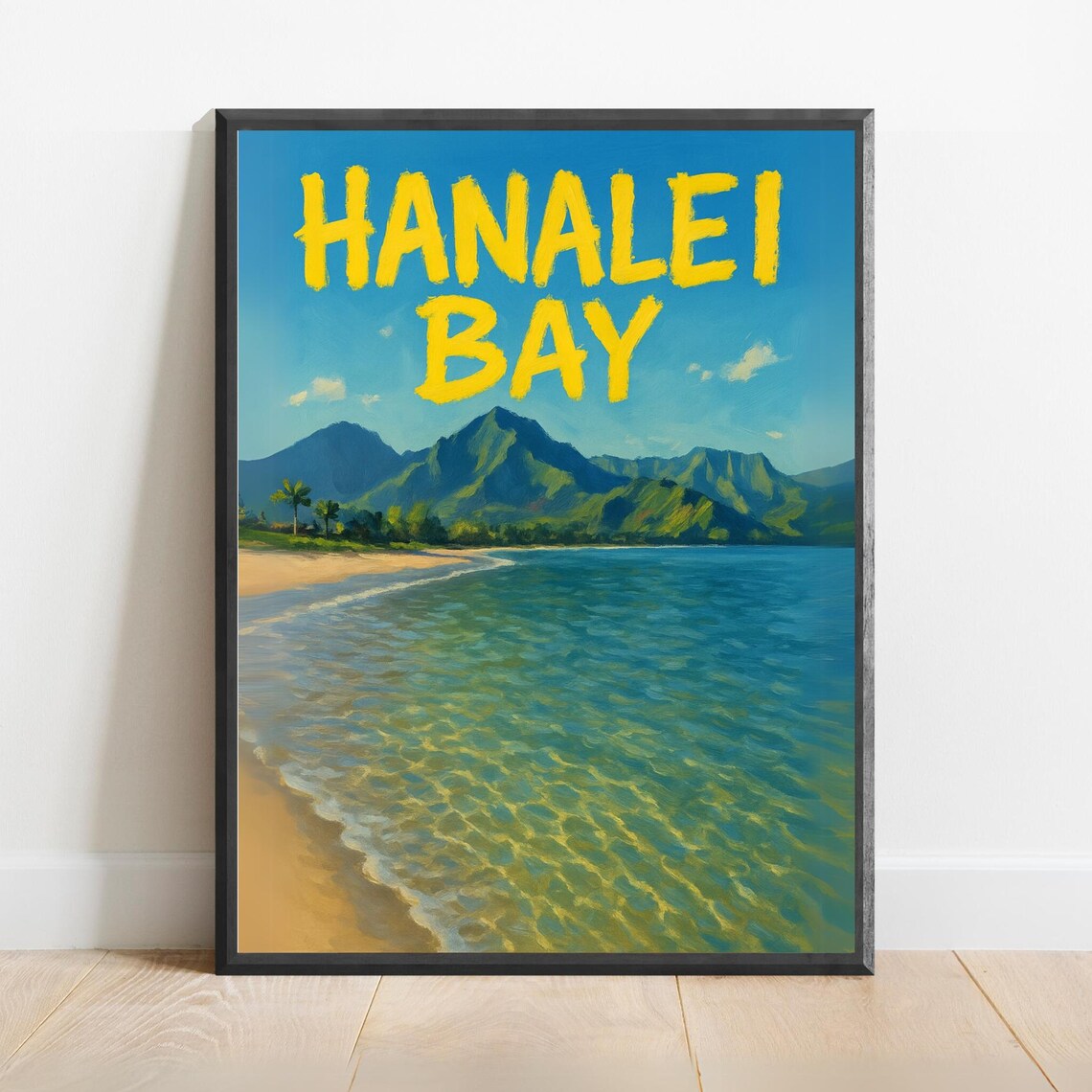 Hanalei Bay Kauai Tropical Beach Watercolor Travel Poster Hawaii Island Paradise Art