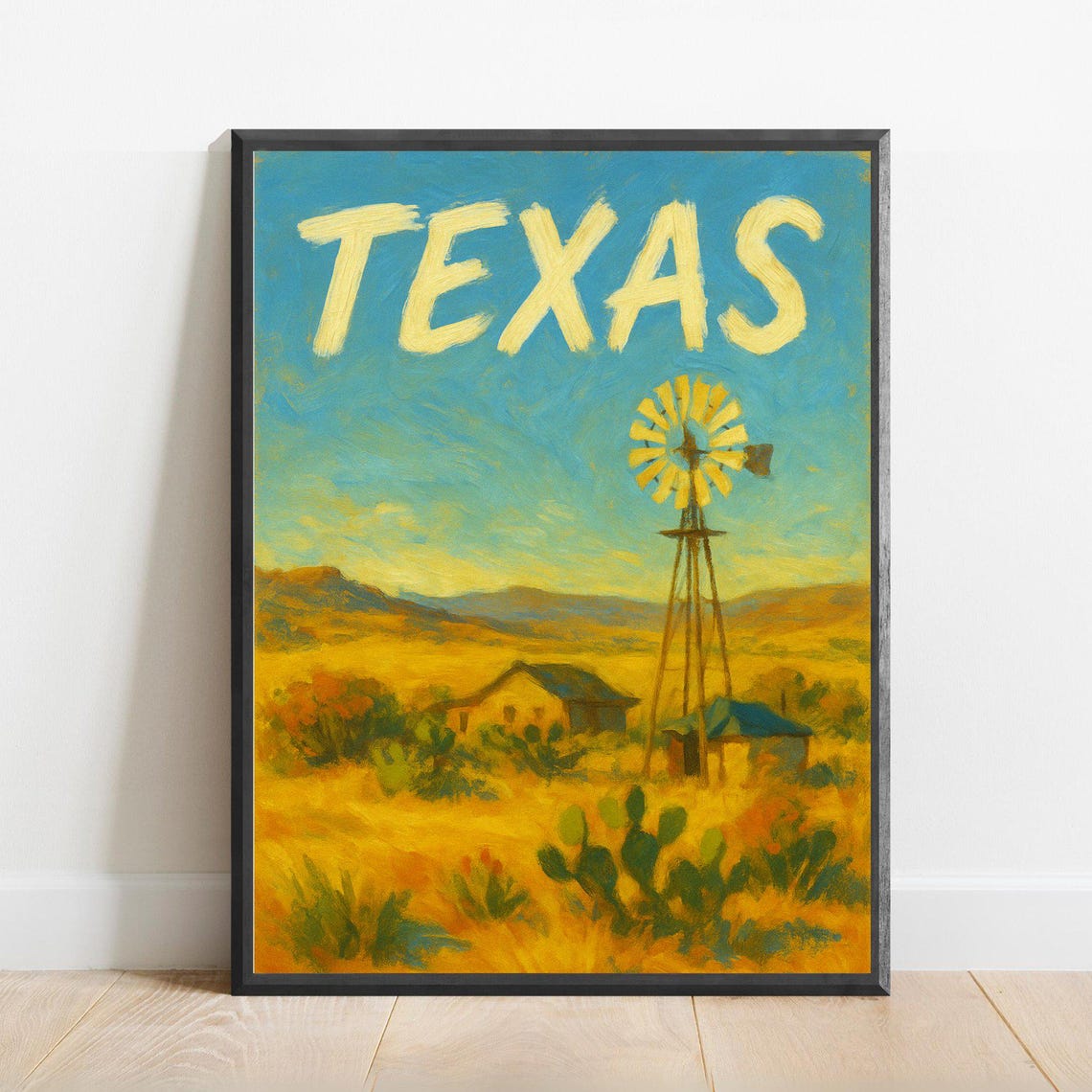 Texas Windmill Ranch Desert Impressionist Vintage Travel Poster