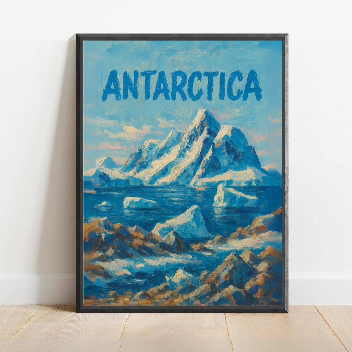 Antarctica Snowy Peaks Icebergs Blue Polar Vintage Travel Poster