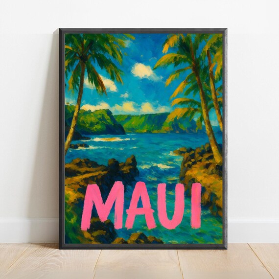 Maui Tropical Palm Cove Watercolor Travel Poster Hawaii Pink Vintage Style