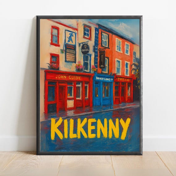 Kilkenny Ireland Pub Poster Colorful Irish Street Scene Wall Art Cozy Print For Travel Decor Vibrant Heritage Artwork
