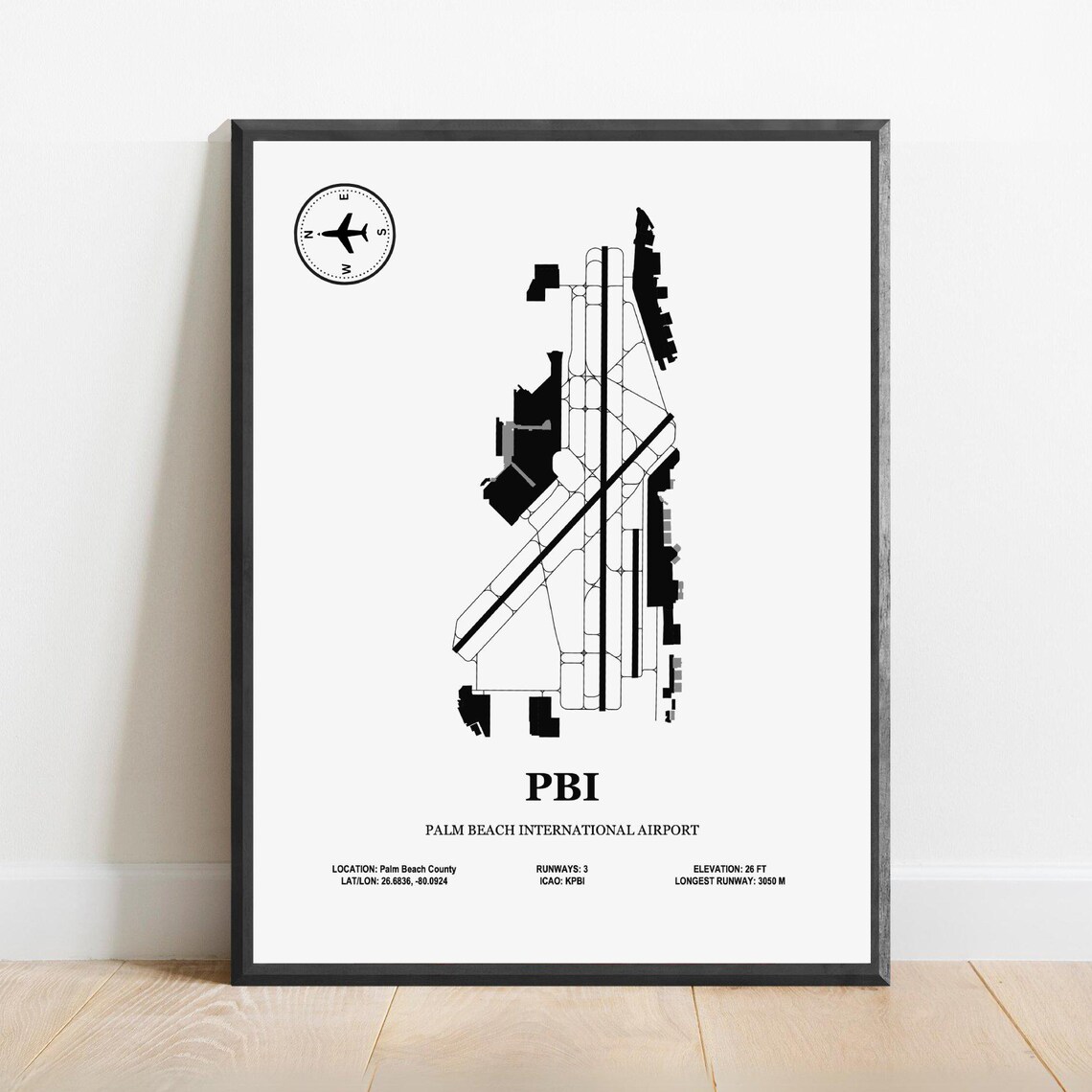 PBI Palm Beach International Airport Runway Map Minimalist Aviation Poster