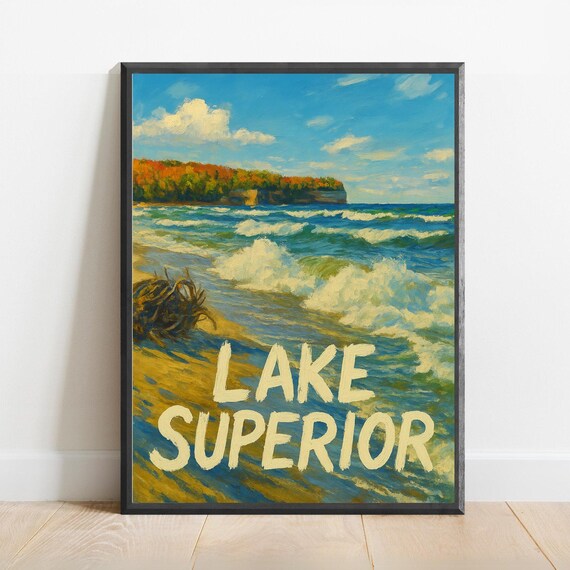 Lake Superior Poster Impressionist Travel Art Print Modern Wall Decor Bold Textured Brushstrokes