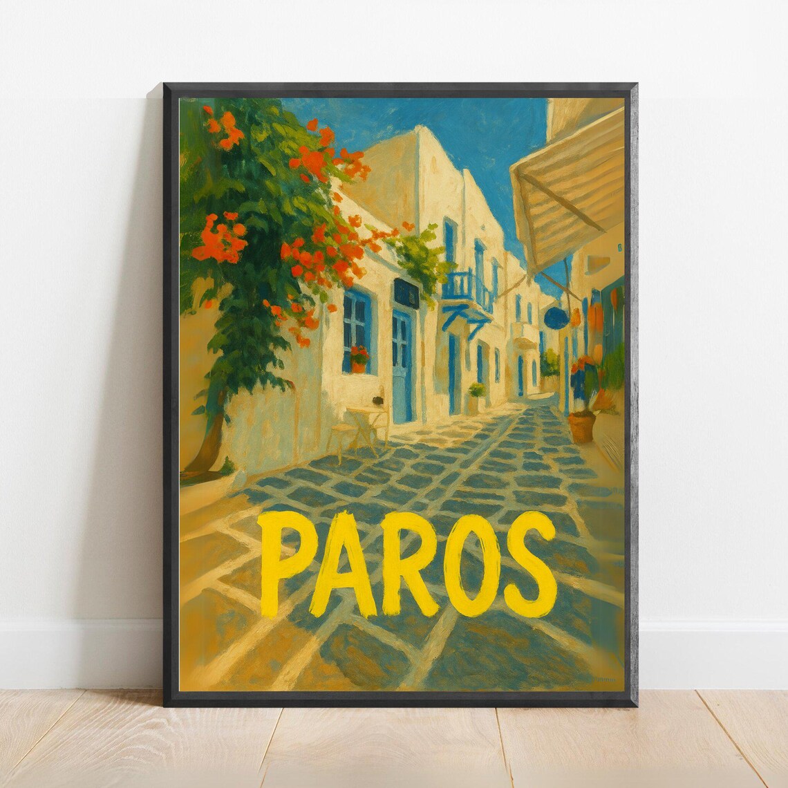 Paros Greece Whitewashed Village Street Bougainvillea Travel Poster
