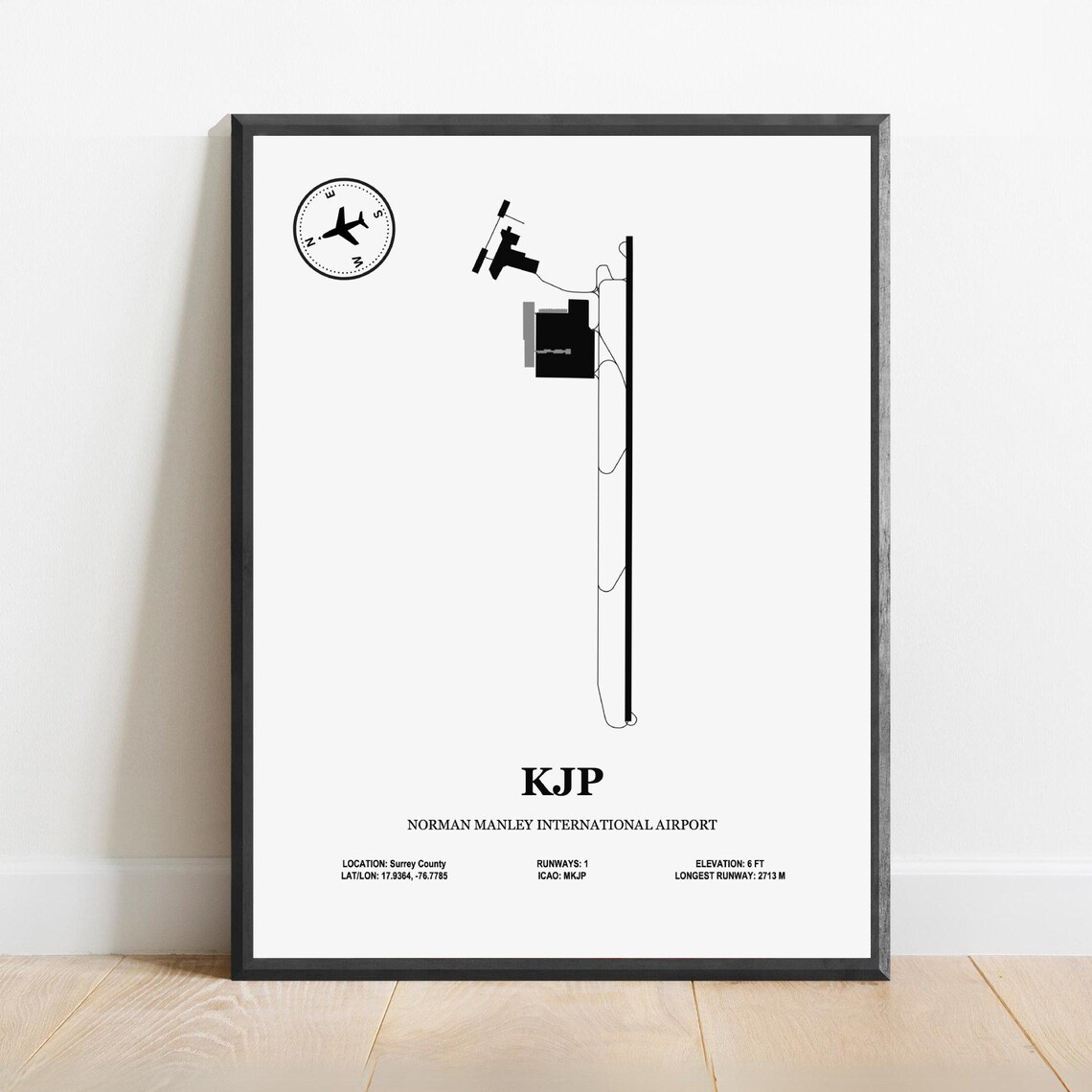 KJP Norman Manley International Airport Map Minimalist Aviation Poster