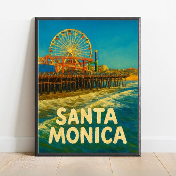 Santa Monica Pier Ferris Wheel Sunny Beach Day Travel Poster