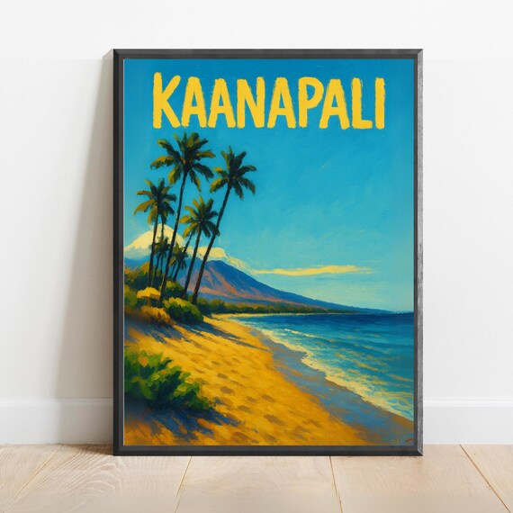 Kaanapali Beach Tall Palms and Golden Sand Hawaii Travel Poster