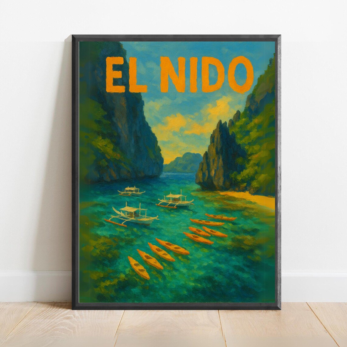 El Nido Lagoon Kayaks Travel Poster With Palawan Boats And Cliffs Art