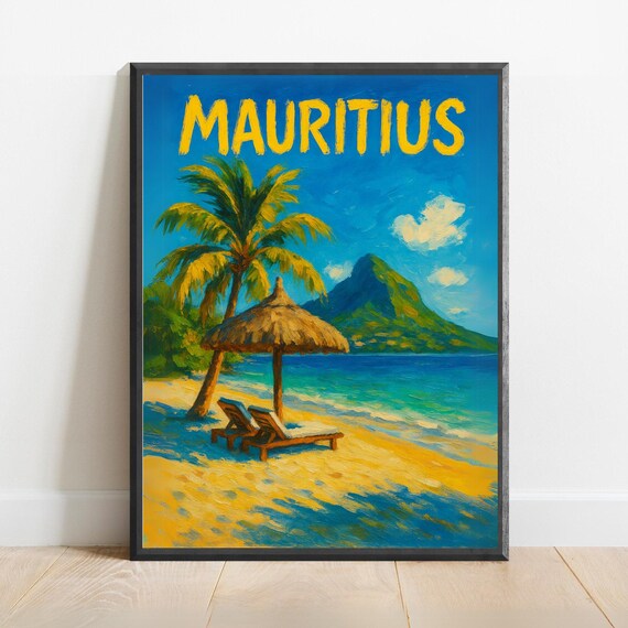 Mauritius Tropical Island Beach With Palm Umbrella Travel Poster