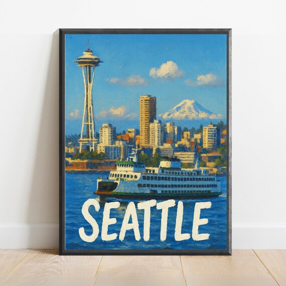 Seattle Space Needle Ferry Mount Rainier Skyline Travel Poster