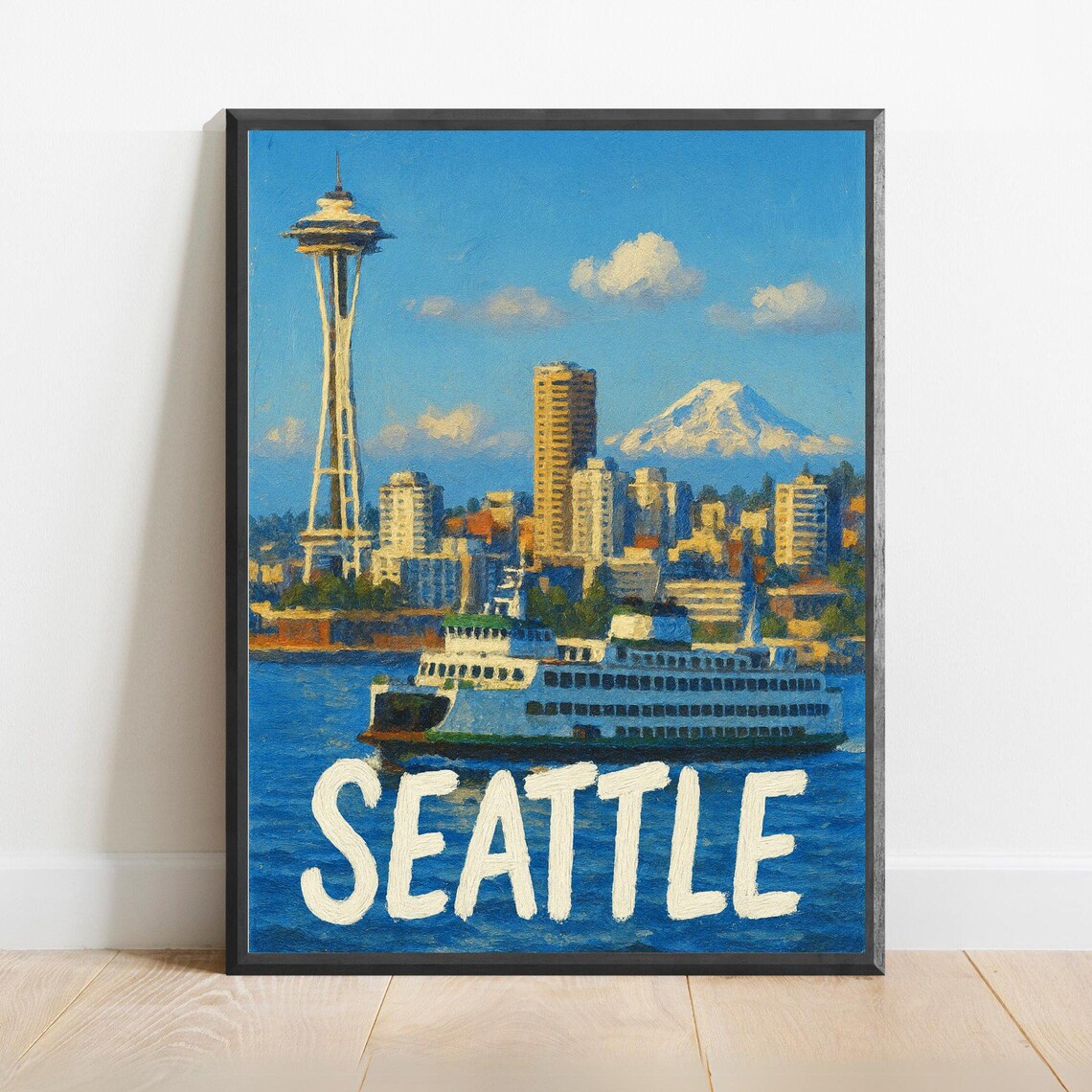 Seattle Space Needle Ferry Mount Rainier Skyline Travel Poster