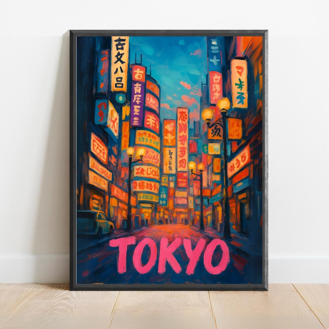 Tokyo Shinjuku Neon Night Street Watercolor Travel Poster Japan Vibrant Urban Art