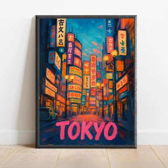 Tokyo Shinjuku Neon Night Street Watercolor Travel Poster Japan Vibrant Urban Art