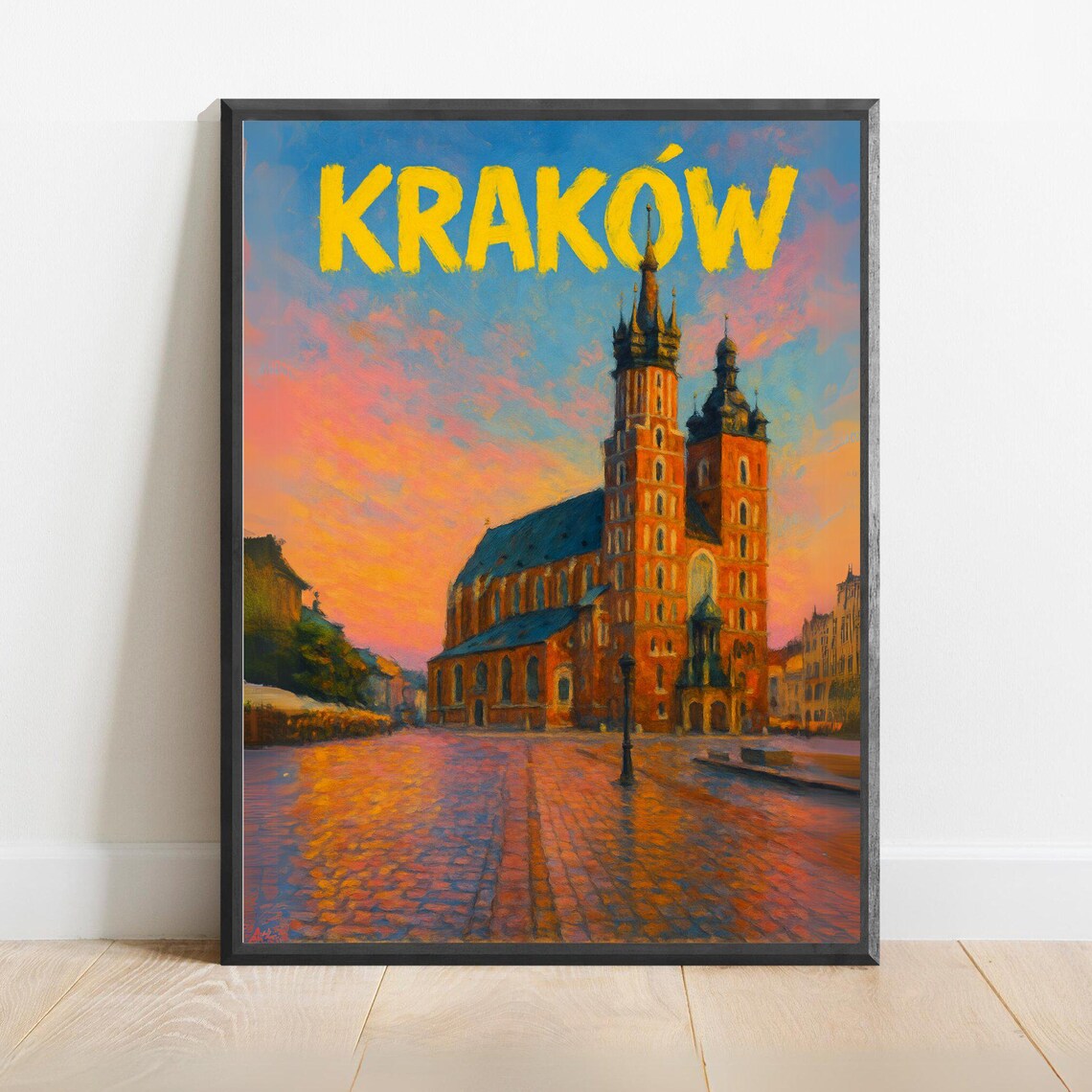 Krakow Old Town Sunset With St Marys Basilica Poland Travel Poster