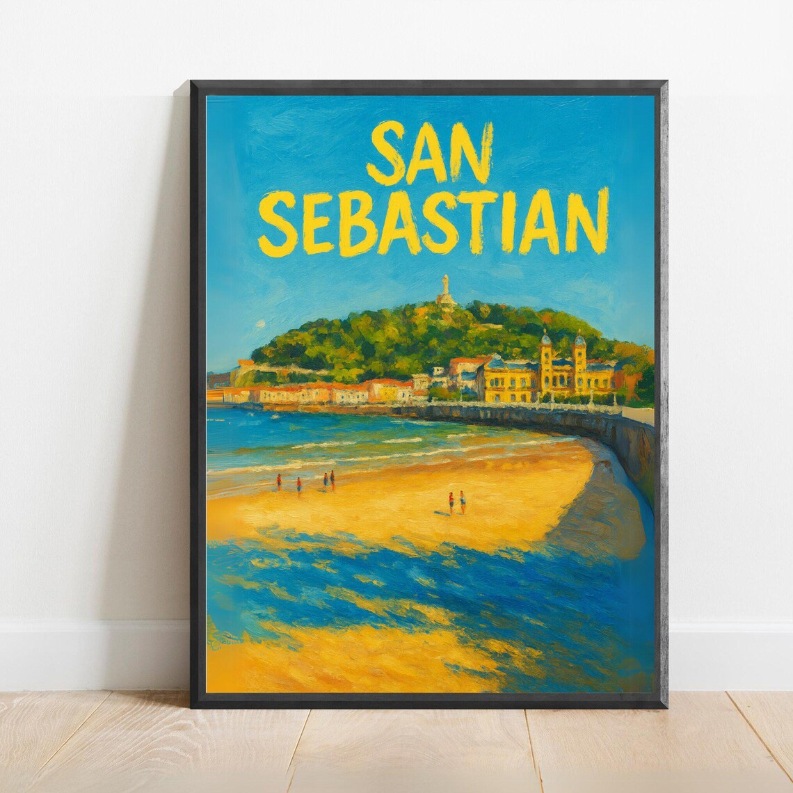 San Sebastian Golden Beach With Mount Igueldo Spain Travel Poster