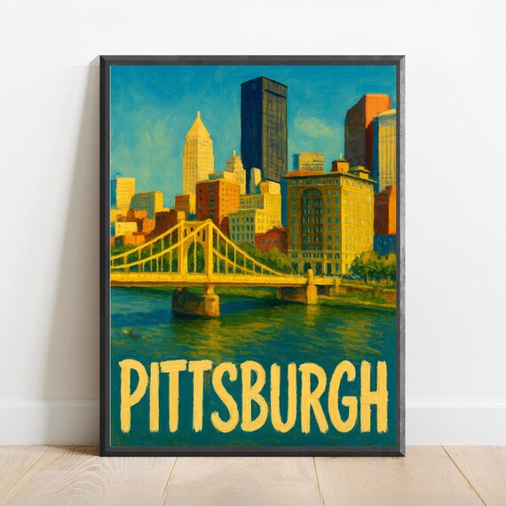 Pittsburgh Skyline Yellow Bridge Over River Retro Travel Poster
