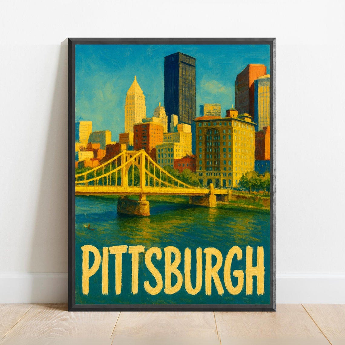 Pittsburgh Skyline Yellow Bridge Over River Retro Travel Poster