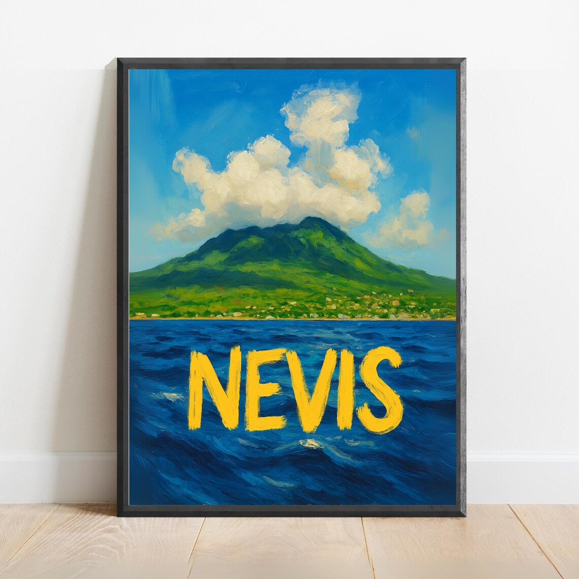 Nevis Volcanic Peak Rising from Deep Blue Ocean Painted Caribbean Travel Poster