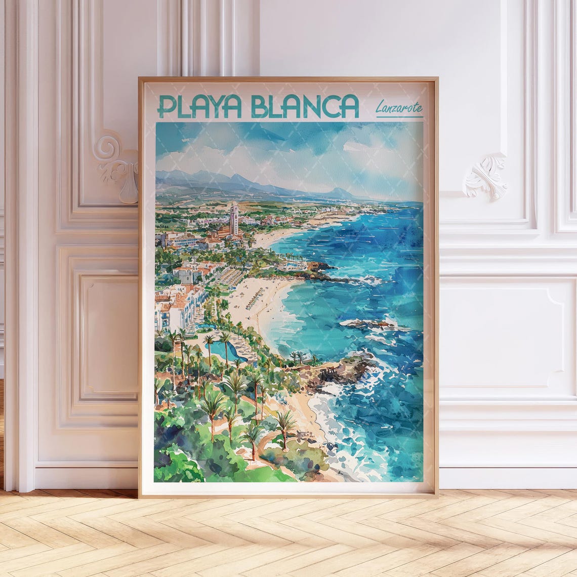 Playa Blanca Lanzarote Watercolor Beach Coastline Travel Poster