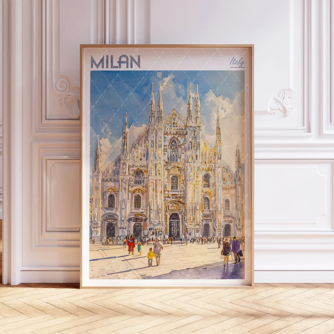 Milan Italy Watercolor Duomo Cathedral Grand Plaza Travel Poster