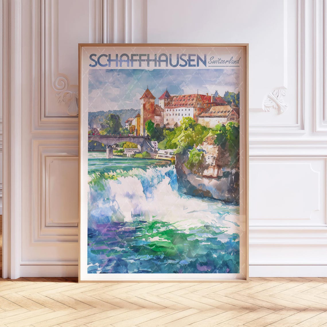 Schaffhausen Switzerland Watercolor Travel Poster Rhine Falls Castle