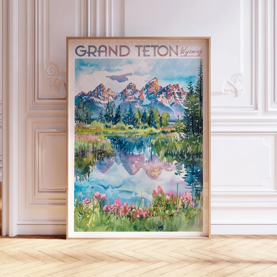 Grand Teton Wyoming Watercolor Mountain Lake National Park Travel Poster