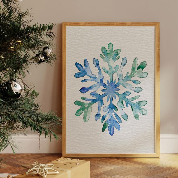 Blue And Green Watercolor Snowflake Christmas Holiday Illustration Poster