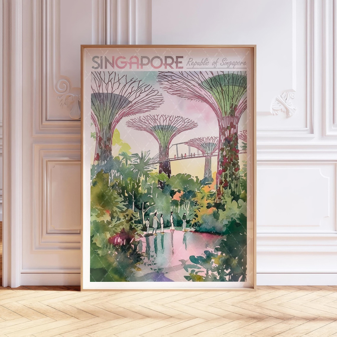 Singapore Supertrees Watercolor Travel Poster Gardens Bay Pastel Art