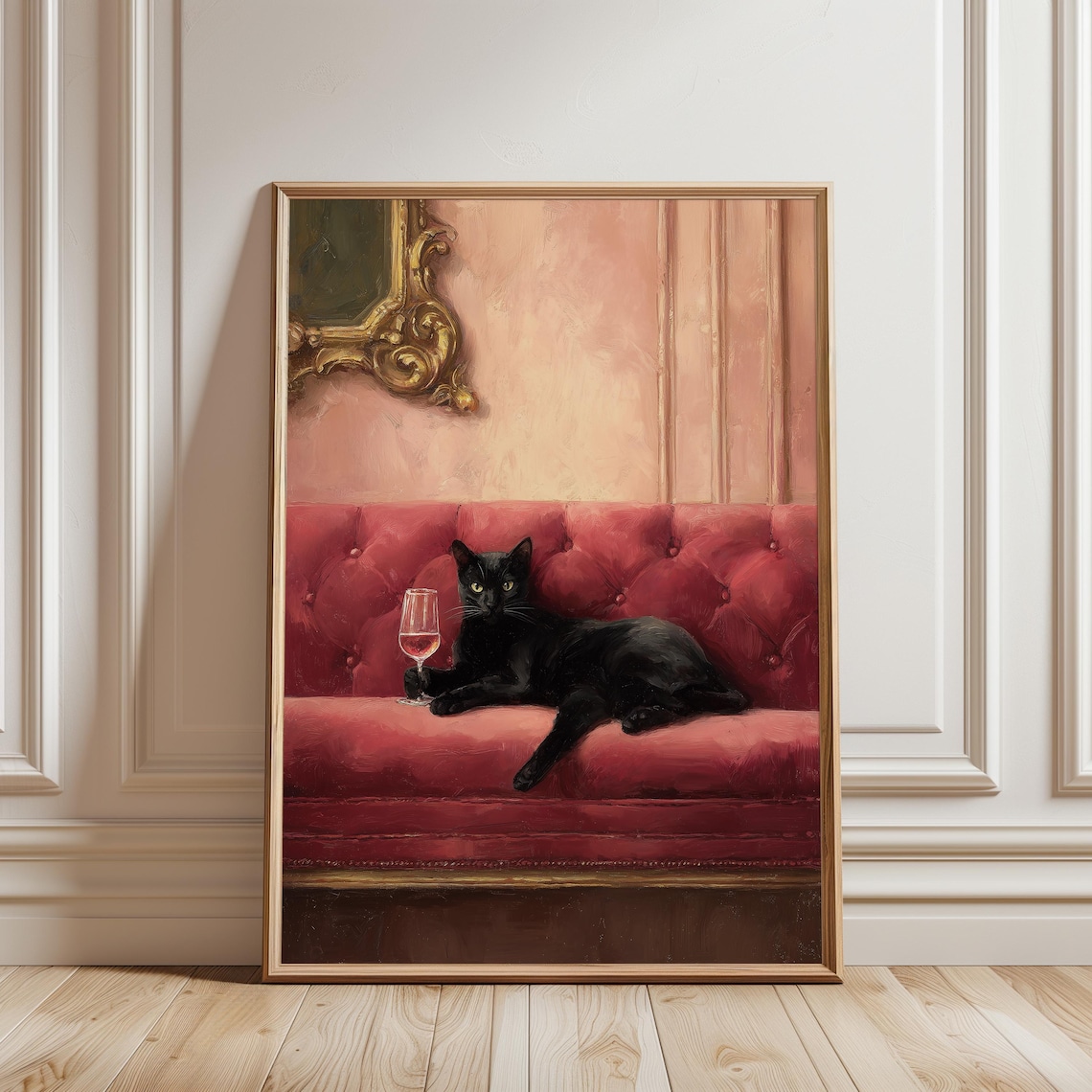 Elegant Black Cat With Wine On Red Velvet Sofa Whimsical Poster