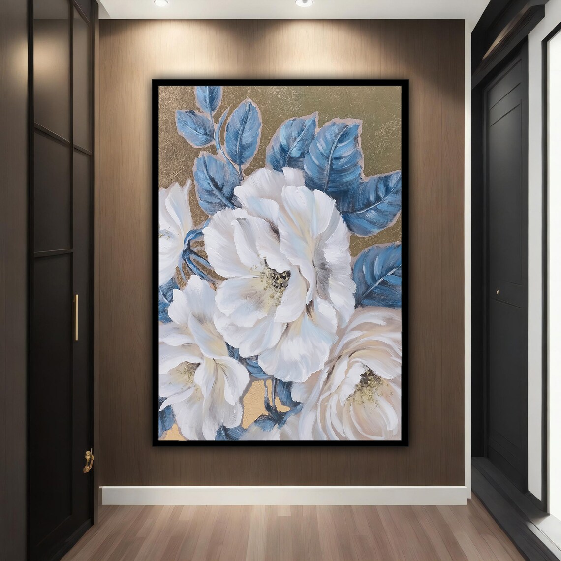 White Peonies Blue Leaves Gold Background Floral Oil Painting Poster