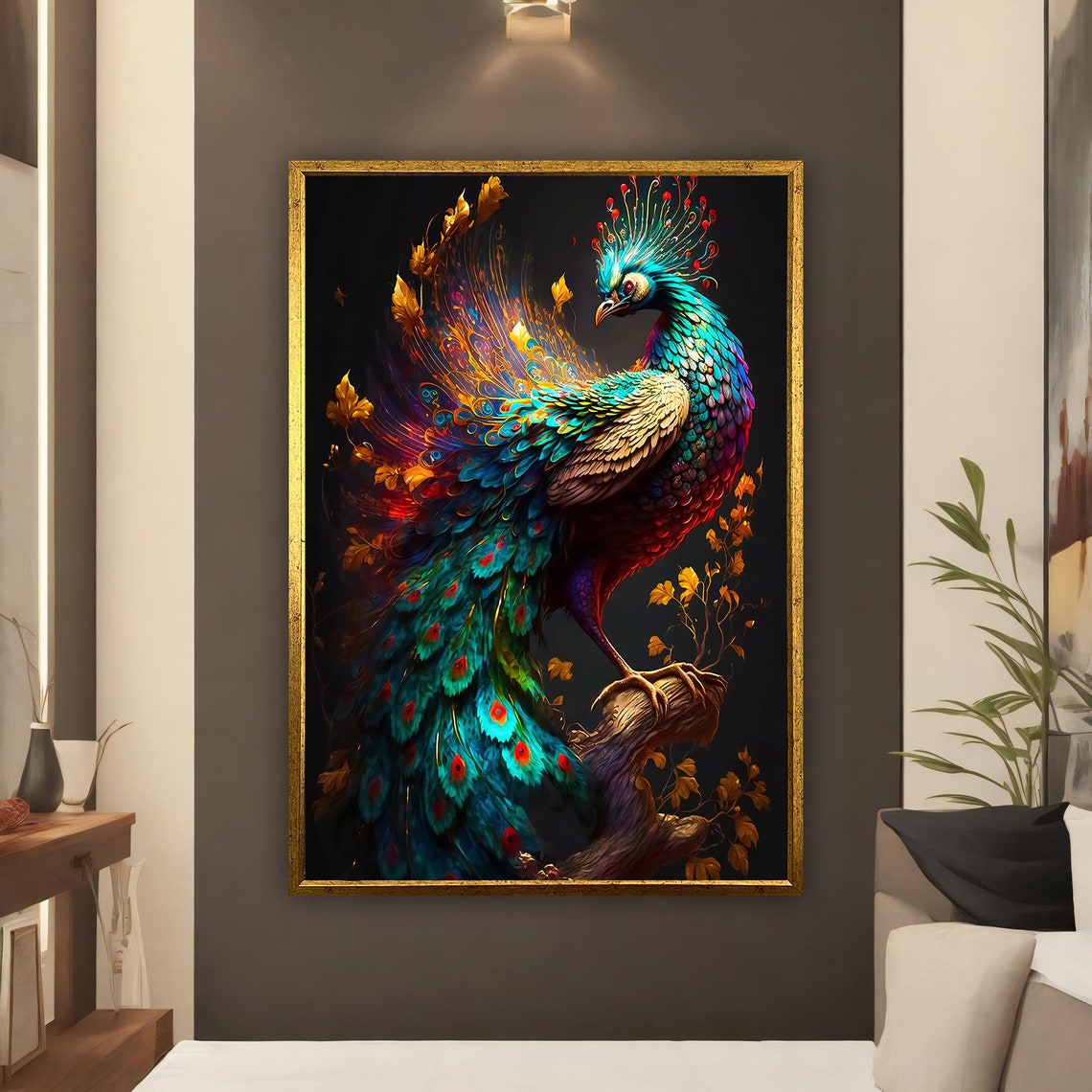 Fantasy Peacock Golden Leaves Dark Background Jewel Tone Art Print - Image 2
