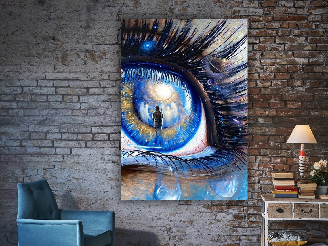 Cosmic Blue Eye Tiny Human Silhouette Planets Surreal Soulful Wall Art - Image 3