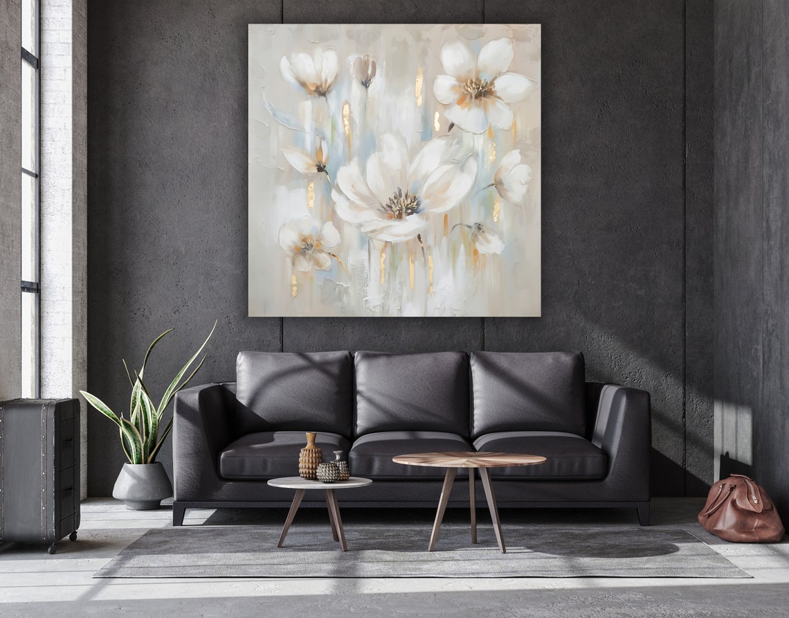 White Abstract Flowers Gold Drips Soft Botanical Painting Wall Art - Image 3