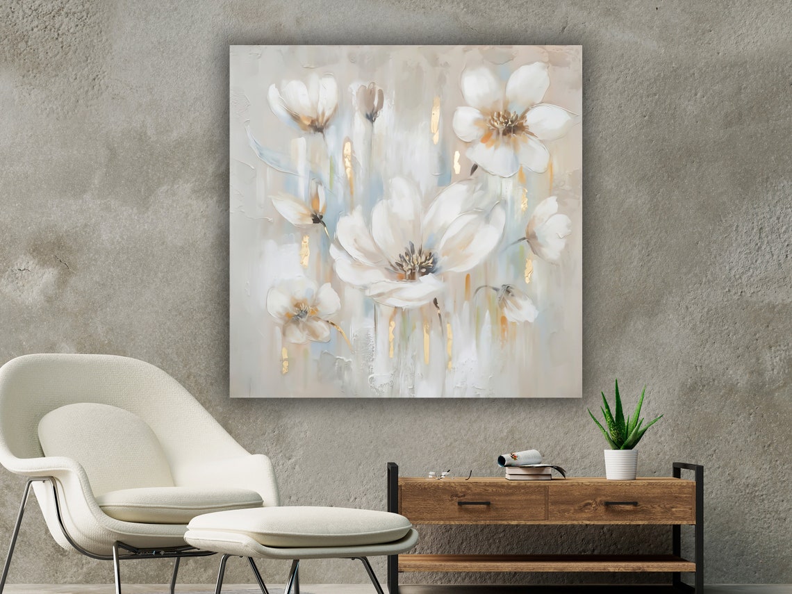 White Abstract Flowers Gold Drips Soft Botanical Painting Wall Art - Image 2