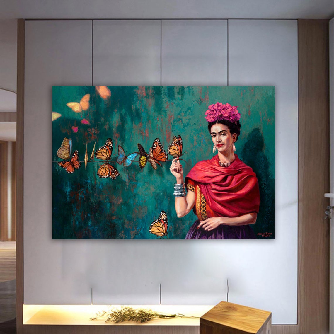 Frida Kahlo Portrait Butterflies Pink Flowers Modern Painting Wall Art - Image 2