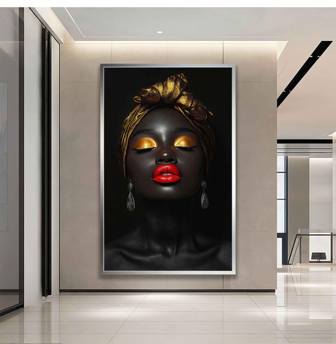 African Woman In Gold Wall Art Woman Face In Gold Red Lip African Woman Wall Decor African Woman In Gold Wall Art - Image 3