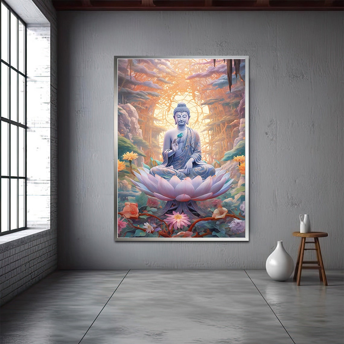 Blue Buddha Lotus Flower Meditation Zen Garden Painting Wall Art Print - Image 3