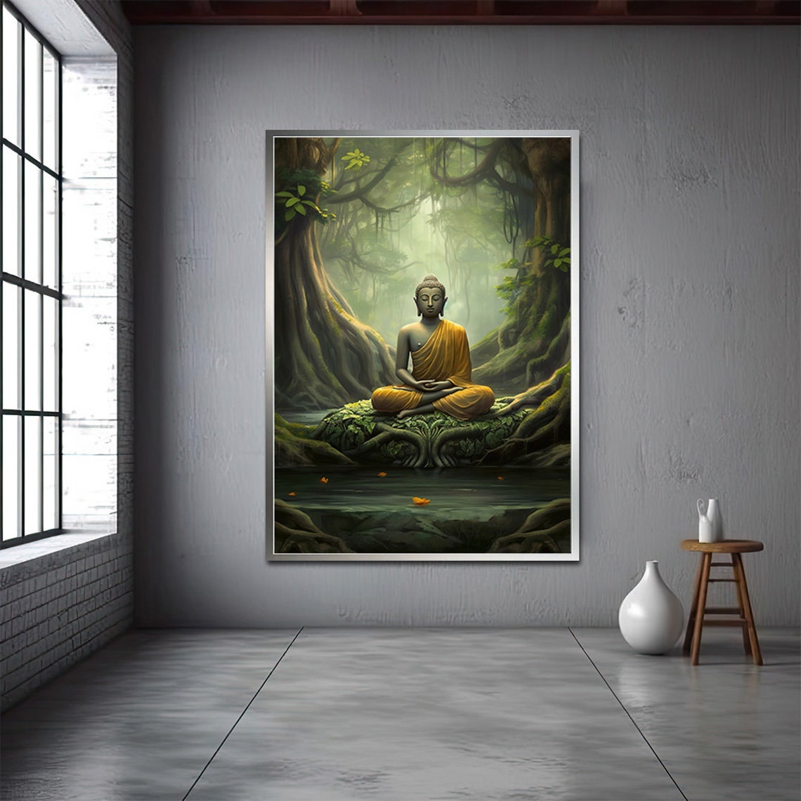 Meditating Buddha in Misty Green Forest Golden Robe Spiritual Poster
