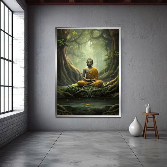 Meditating Buddha in Misty Green Forest Golden Robe Spiritual Poster