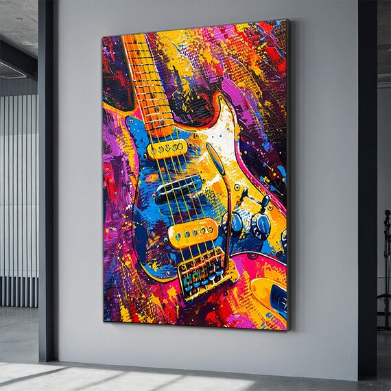 Vibrant Abstract Electric Guitar Close Up Neon Colors Music Wall Poster